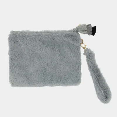 Fashnzfab Faux Fur Tassel Pouch With Wristlet In Gray