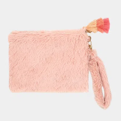 Fashnzfab Faux Fur Tassel Pouch With Wristlet In Pink