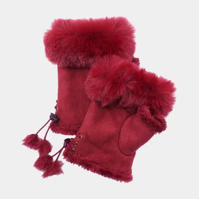 Fashnzfab Faux Fur Trim Fingerless Gloves In Red