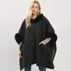 Fashnzfab Faux Fur Trim Toggle Clasp Front Cape Wrap Poncho In Black