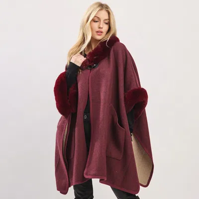 Fashnzfab Faux Fur Trim Toggle Clasp Front Cape Wrap Poncho In Brown