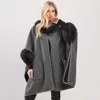 Fashnzfab Faux Fur Trim Toggle Clasp Front Cape Wrap Poncho In Gray