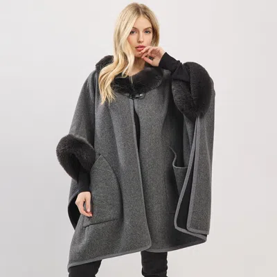 Fashnzfab Faux Fur Trim Toggle Clasp Front Cape Wrap Poncho In Gray