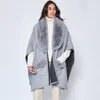 Fashnzfab Faux Fur Trimmed Front Pockets Ruana Poncho In Blue