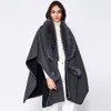 Fashnzfab Faux Fur Trimmed Front Pockets Ruana Poncho In Gray