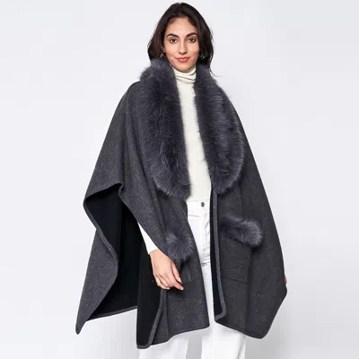 Fashnzfab Faux Fur Trimmed Front Pockets Ruana Poncho In Gray