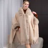 Fashnzfab Faux Fur Trimmed Solid Fringe Ruana Poncho In Sand
