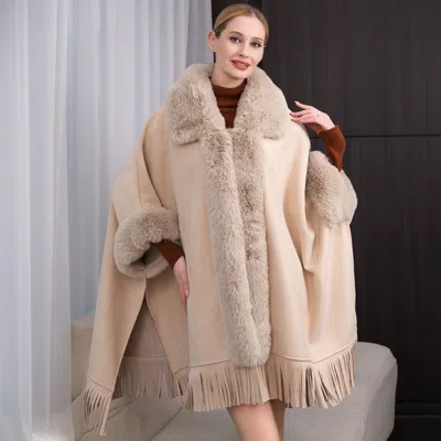 Fashnzfab Faux Fur Trimmed Solid Fringe Ruana Poncho In Sand