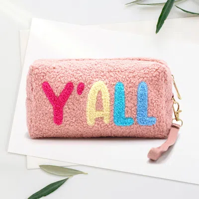 Fashnzfab Faux Fur Y'all Message Pouch With Wristlet In Pink