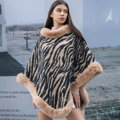 Fashnzfab Faux Fur Zebra Pattern Poncho Cape In Multi