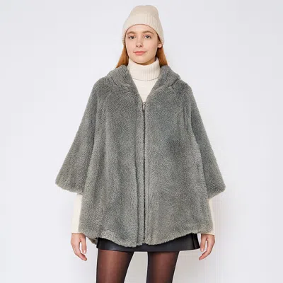 Fashnzfab Faux Fur Zip-up Hooded Cape Poncho In Gray