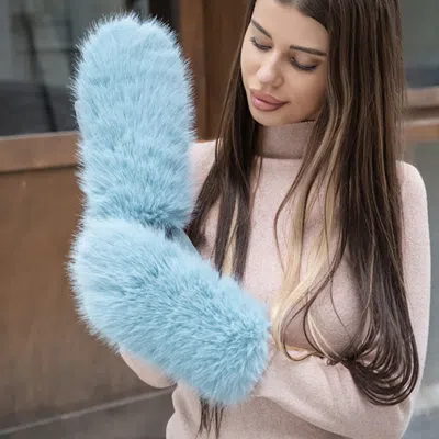 Fashnzfab Faux Fuzzy Fur Mitten Gloves In Blue