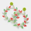 Fashnzfab Faux Leather Back Beaded Leaf Cluster Open Circle Dangle Earrings In Red