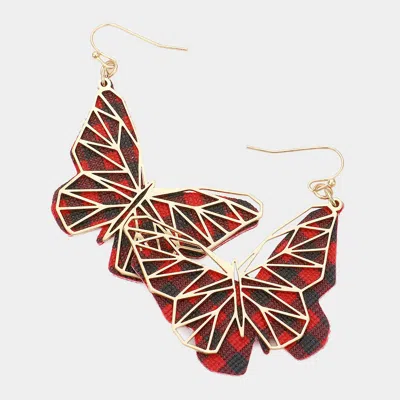 Fashnzfab Faux Leather Back Metal Laser Cut Butterfly Dangle Earrings In Red