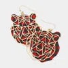Fashnzfab Faux Leather Back Metal Laser Cut Tiger Face Dangle Earrings In Red