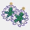 Fashnzfab Faux Leather Back Mirror Beaded Floral Dangle Earrings - Blue, Multi In Multi