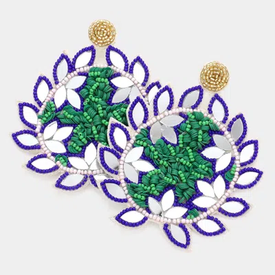 Fashnzfab Faux Leather Back Mirror Beaded Floral Dangle Earrings - Blue, Multi