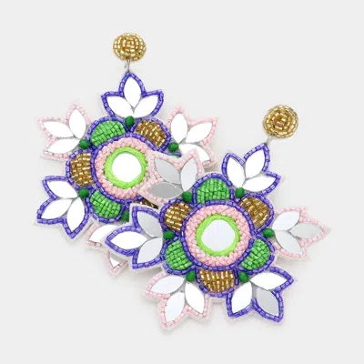 Fashnzfab Faux Leather Back Mirror Beaded Floral Dangle Earrings - Multi