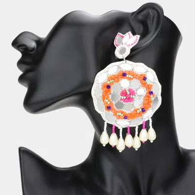 Fashnzfab Faux Leather Back Mirror Boho Sequin Seed Beaded Pearl Dangle Earrings In White