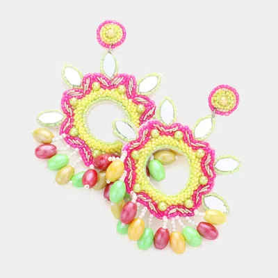 Fashnzfab Faux Leather Back Mirror Multi Beaded Flower Dangle Earrings