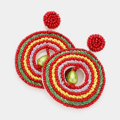 Fashnzfab Faux Leather Back Pearl Centered Beaded Open Circle Dangle Earrings In Red
