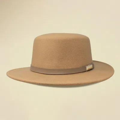 Fashnzfab Faux Leather Band Accent Wide Brim Felt Hat In Beige