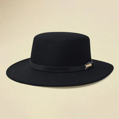 Fashnzfab Faux Leather Band Accent Wide Brim Felt Hat In Black