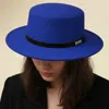 Fashnzfab Faux Leather Band Accent Wide Brim Felt Hat In Blue