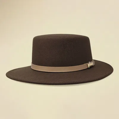Fashnzfab Faux Leather Band Accent Wide Brim Felt Hat In Brown