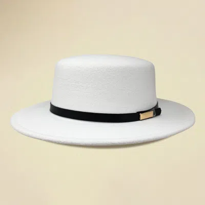 Fashnzfab Faux Leather Band Accent Wide Brim Felt Hat In White