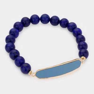 Fashnzfab Faux Leather Bar Natural Stone Stretch Bracelet Navy In Purple