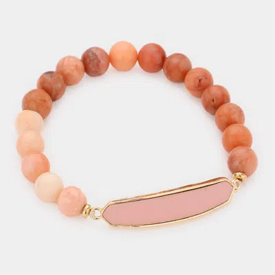 Fashnzfab Faux Leather Bar Natural Stone Stretch Bracelet Pink