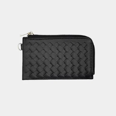 Fashnzfab Faux Leather Basket Weave Flat Card Holder Wallet With Wristlet In Black