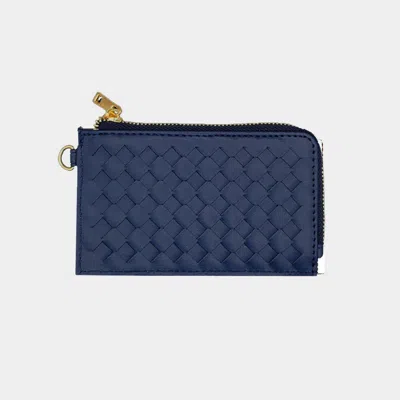 Fashnzfab Faux Leather Basket Weave Flat Card Holder Wallet With Wristlet In Blue