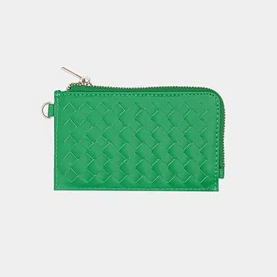 Fashnzfab Faux Leather Basket Weave Flat Card Holder Wallet With Wristlet In Green