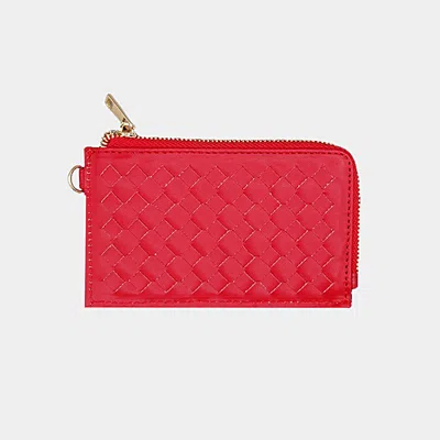 Fashnzfab Faux Leather Basket Weave Flat Card Holder Wallet With Wristlet In Red