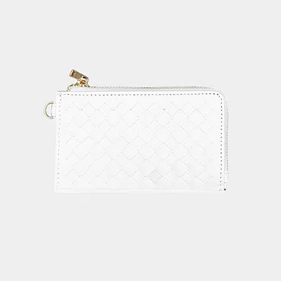Fashnzfab Faux Leather Basket Weave Flat Card Holder Wallet With Wristlet In White