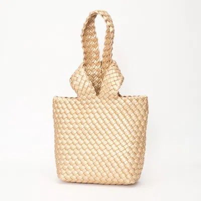 Fashnzfab Faux Leather Basket Weave Knotted Handle Handbag In Gold