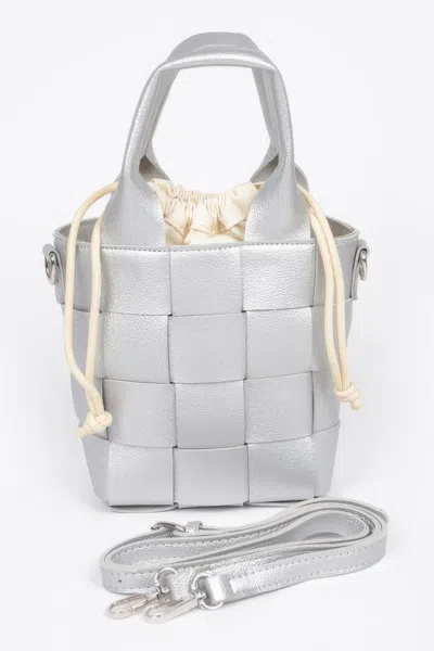 Fashnzfab Faux Leather Braided Handle Bag W/canvas Pouch In Silver
