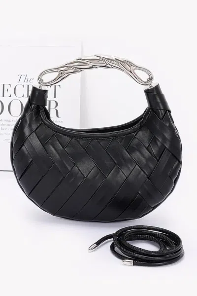 Fashnzfab Faux Leather Braided Metal Handle Clutch In Black