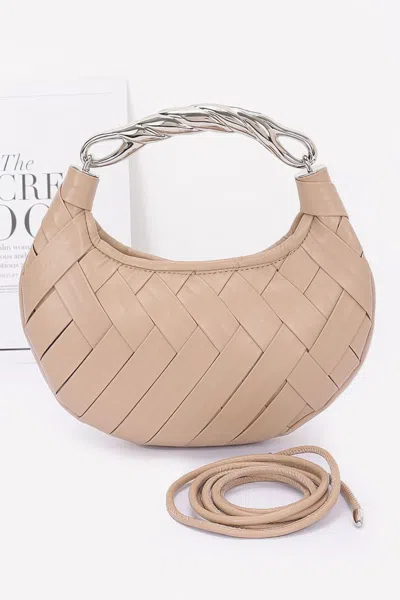 Fashnzfab Faux Leather Braided Metal Handle Clutch In Sand