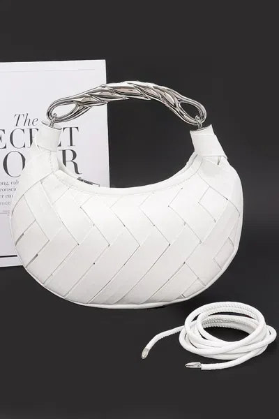 Fashnzfab Faux Leather Braided Metal Handle Clutch In White