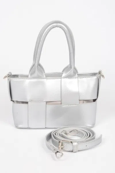 Fashnzfab Faux Leather Braided Small Tote Bag In Silver