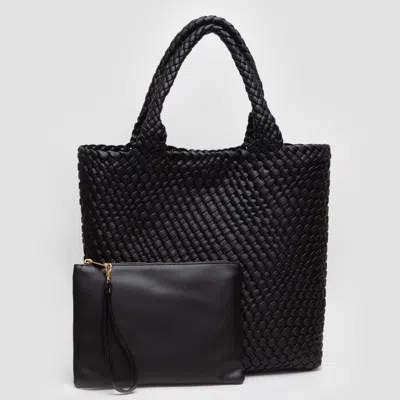 Fashnzfab Faux Leather Braided Top Handle Tote Bag With Pouch In Black