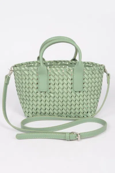 Fashnzfab Faux Leather Braided Tote Bag In Green