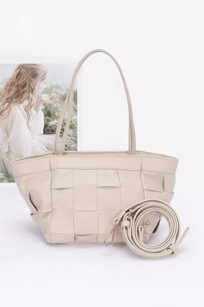 Fashnzfab Faux Leather Braided Tote Bag In Sand