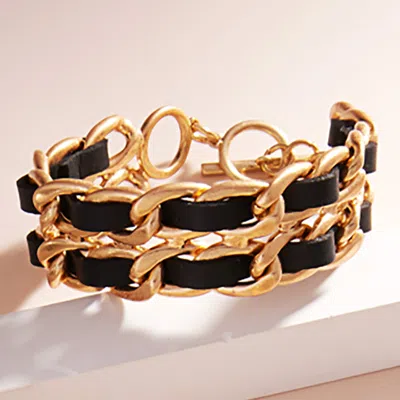 Fashnzfab Faux Leather Braided Vintage Chain Link Toggle Bracelet Jet Black In Multi