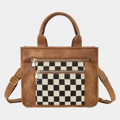 Fashnzfab Faux Leather Checkered Front Pocket Top Handle Crossbody Bag In Brown