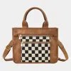 Fashnzfab Faux Leather Checkered Front Pocket Top Handle Crossbody Bag In Brown