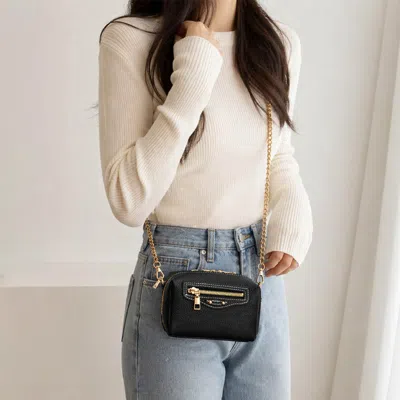 Fashnzfab Faux Leather Compact Chain Strap Mini Crossbody Bag In Black